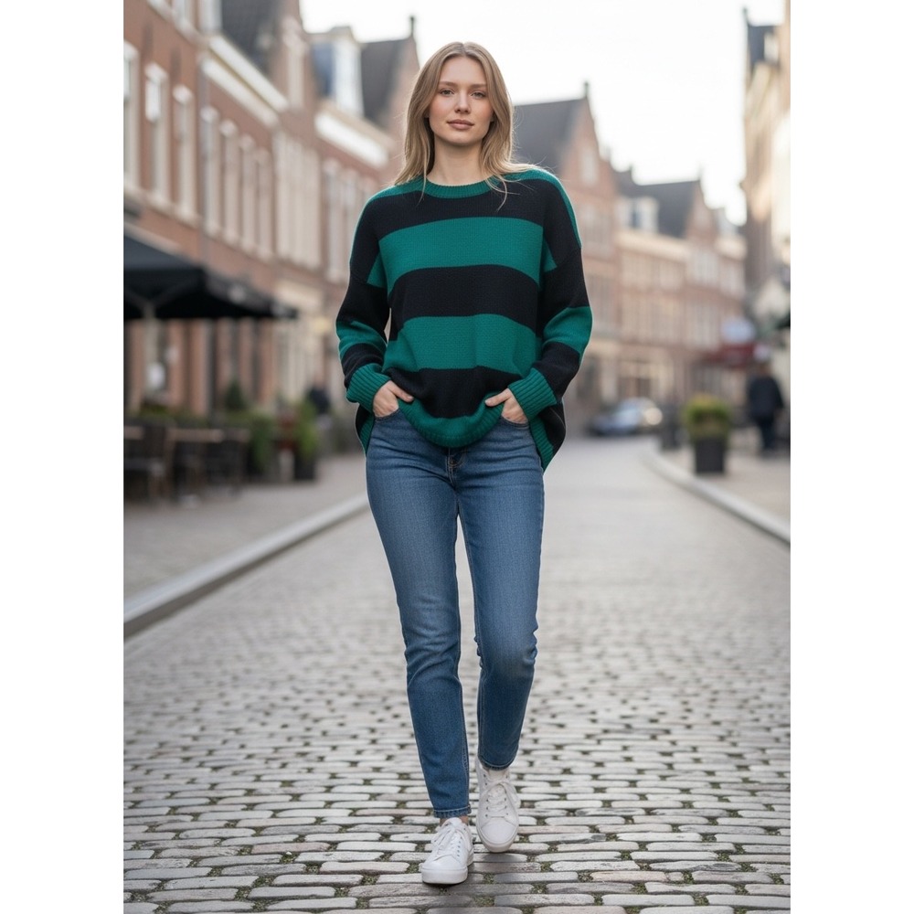 AGB Womens Green Black Striped Long Sleeve Crew Neck Pullover Sweater Large‎